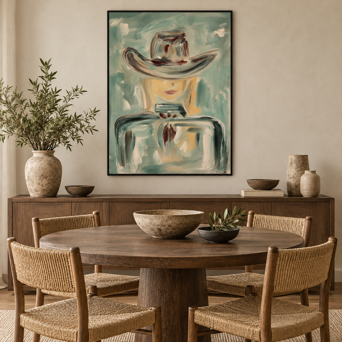 Abstract Cowboy Figure Painting In Sage Green For Modern Wall Decor