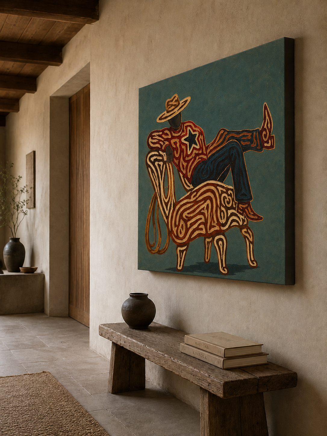 Cowboy Relaxing Art , Western Aesthetic Wall Art, Abstract Cowboy Painting, Modern Rustic Decor Canvas, Contemporary Cowboy Art