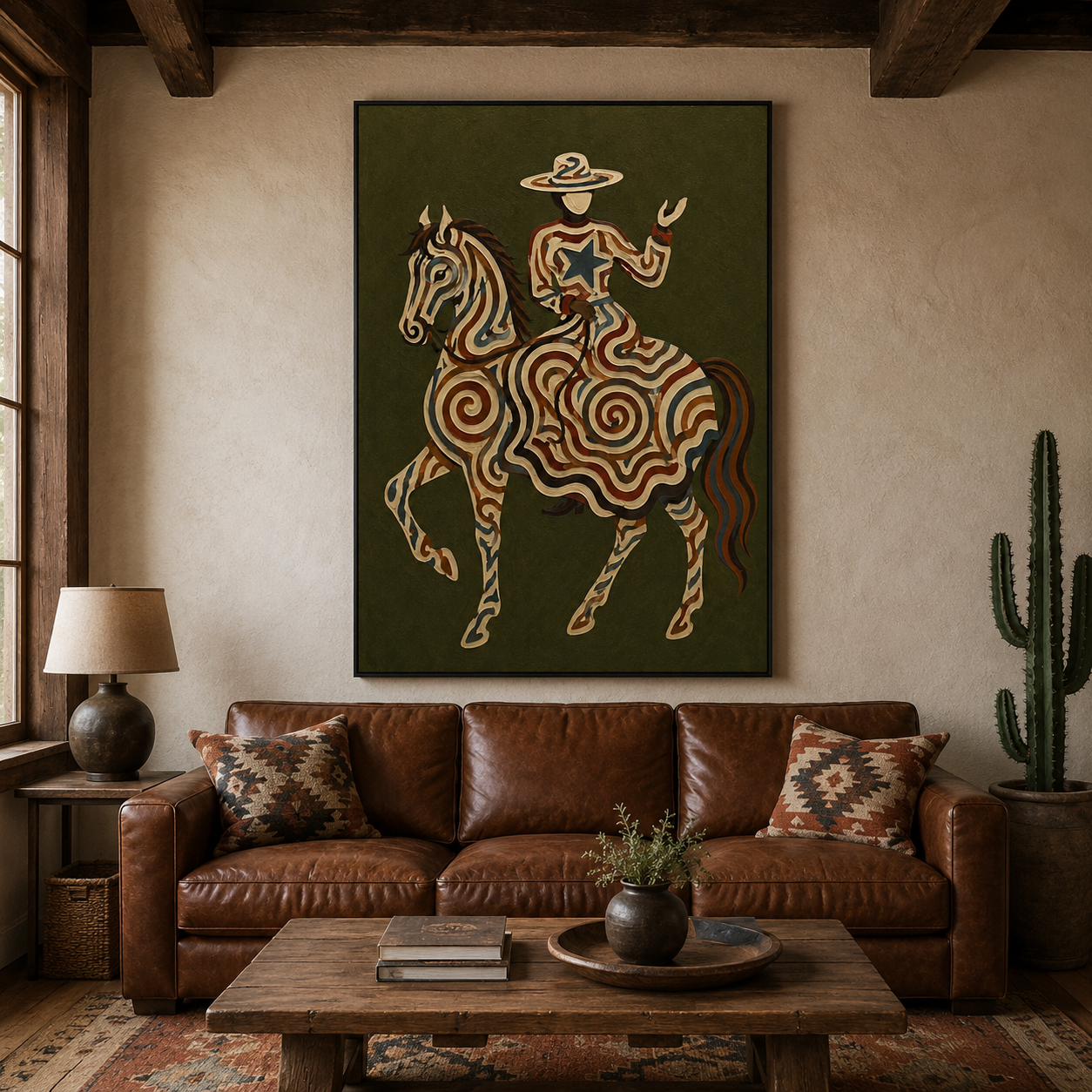 Vintage Cowgirl And Horse Painting Olive Green Wall Art For Living Room Decor