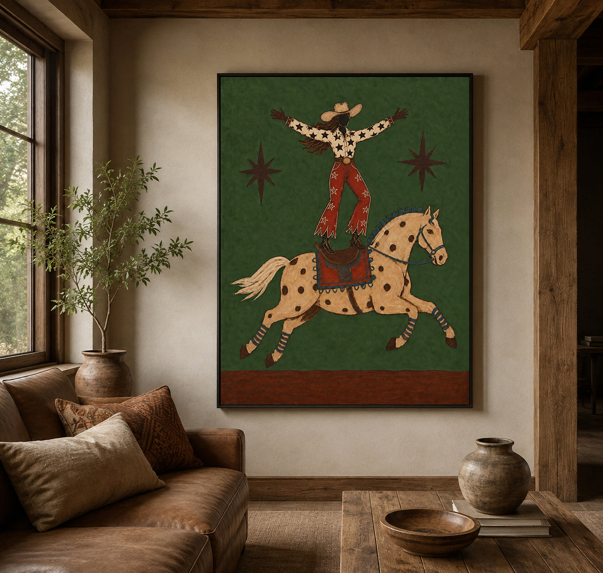 Western Wall Art For Living Room Green Horse Painting Handmade Cowboy Decor