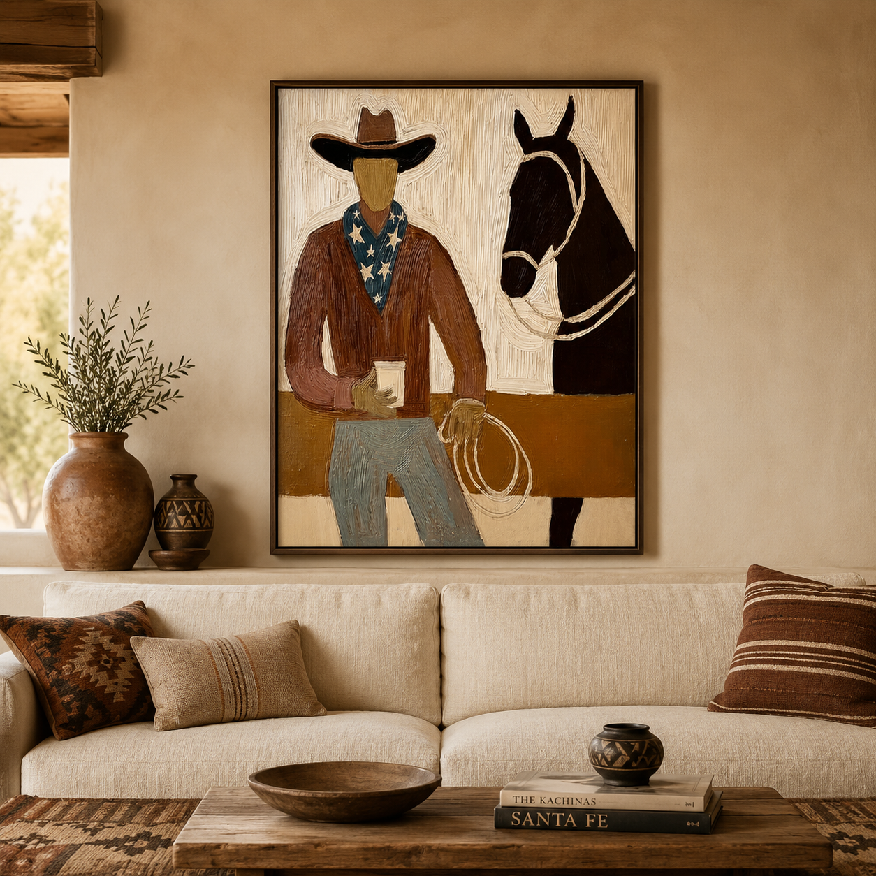 Warm Southwestern Cowboy And Horse Painting For Rustic Living Room Wall Art Decor