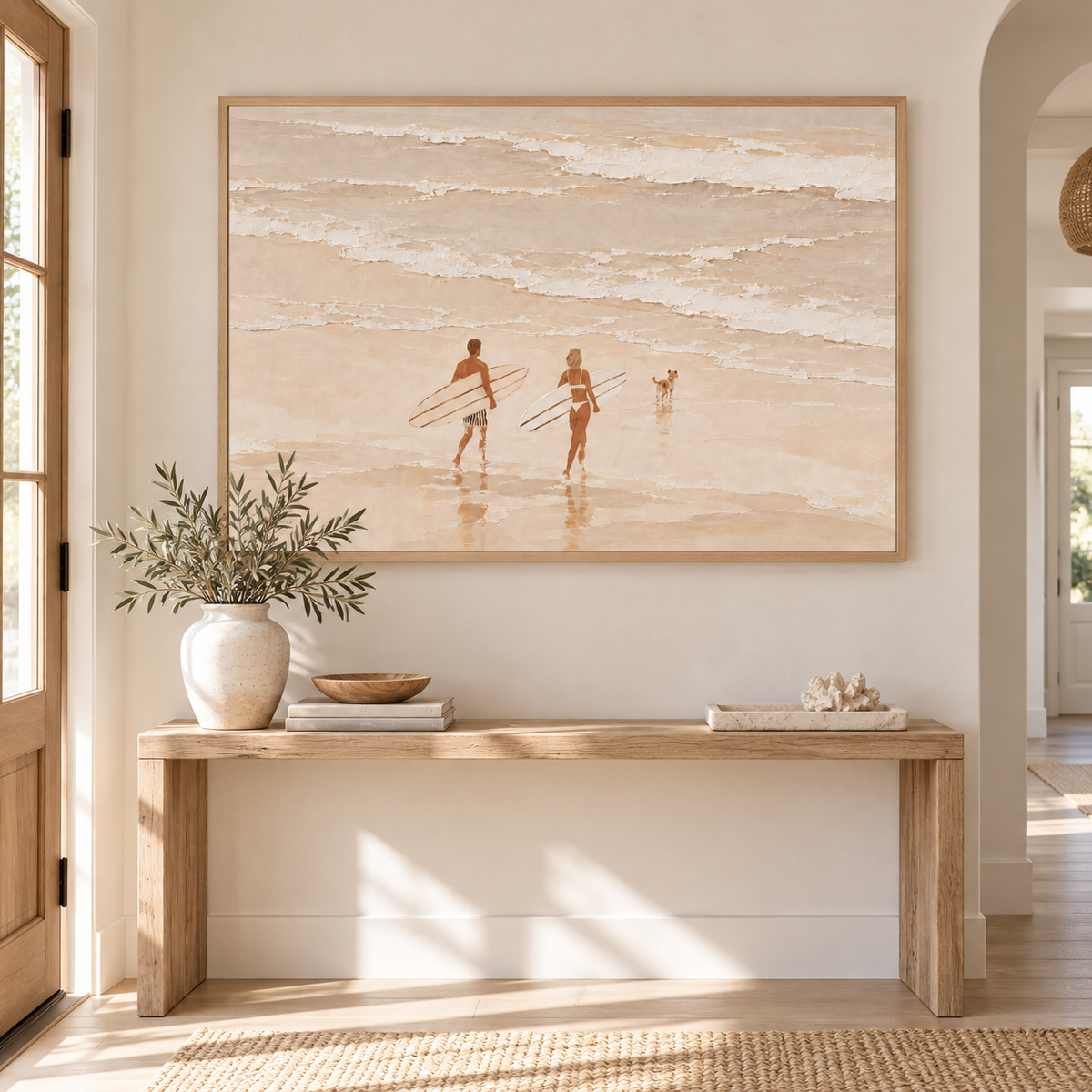 Neutral Cream Beach Canvas Art, Couple And Dog Surfing Wall Decor Surfboard Painting