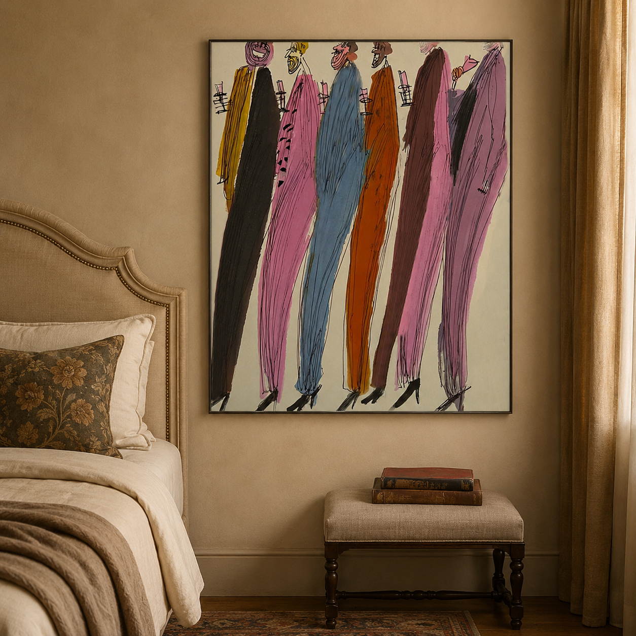 Abstract Figurative Painting Of Colorful Party People In Square Canvas For Modern Home Decor