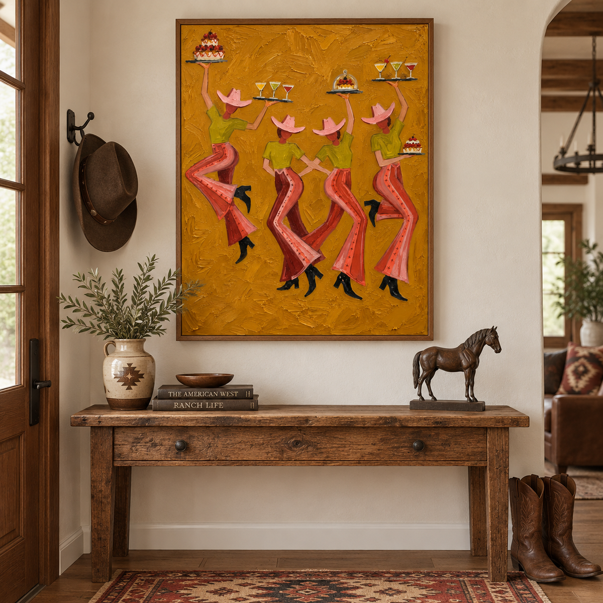 Vintage Cowgirl Party Canvas Painting With Cocktails And Cakes For Rustic Decor
