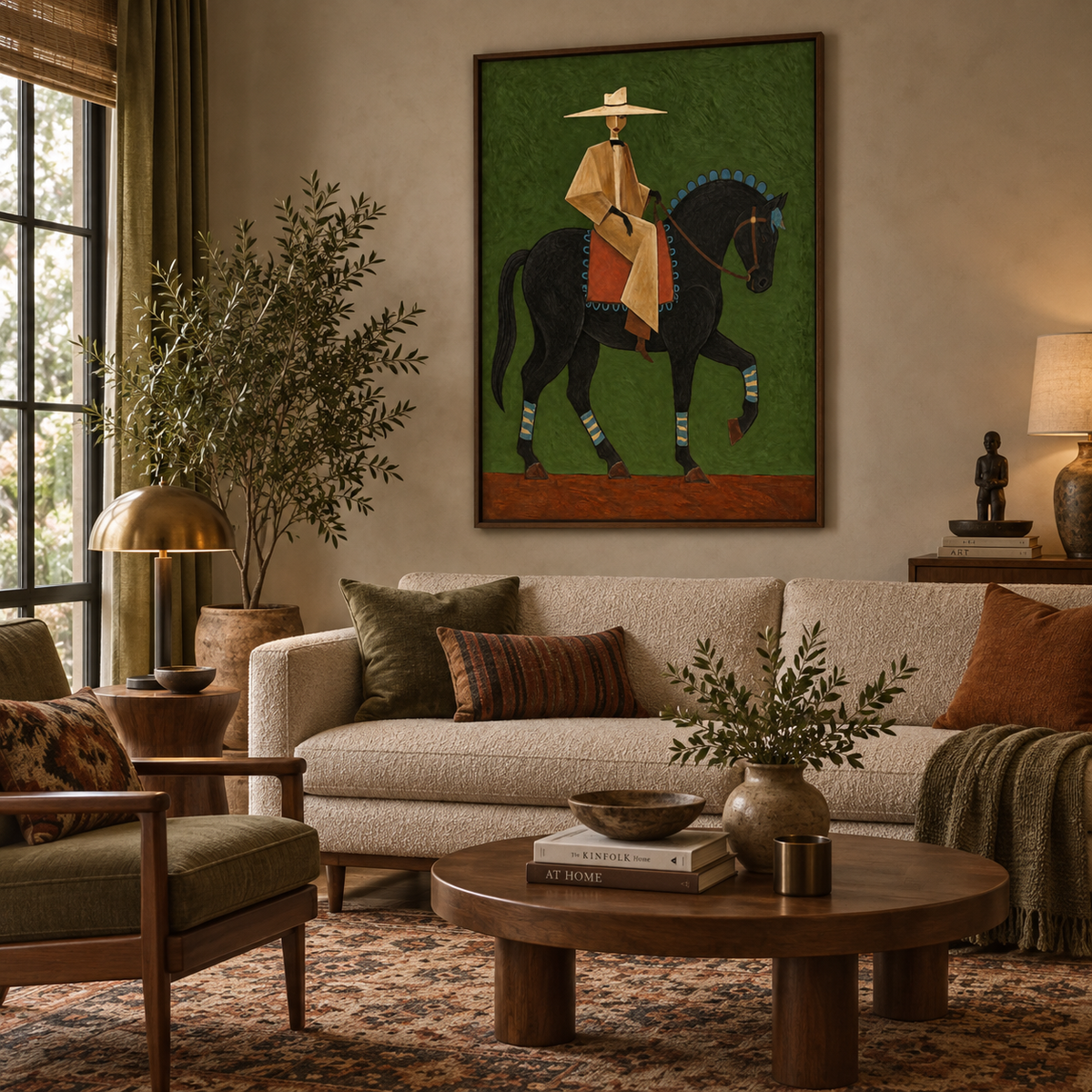 Green Background Fine Art Vintage Cowboy And Horse Canvas Painting Gentleman On Black Horse Canvas Art