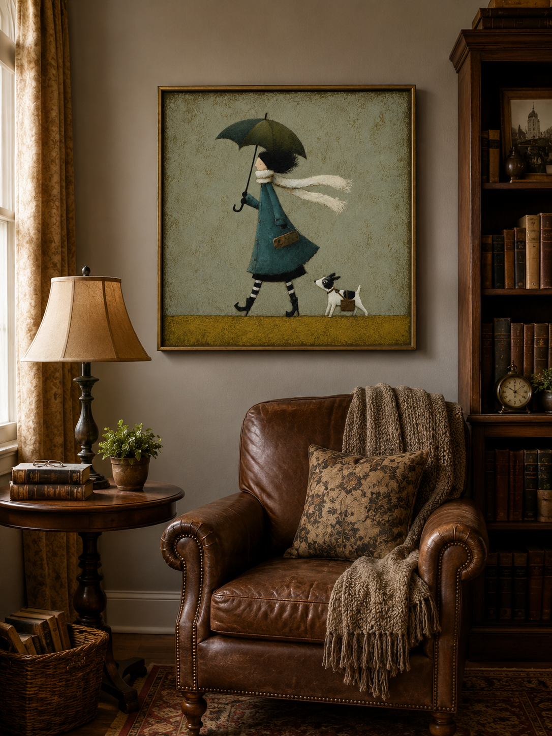 Whimsical Girl With Dog Umbrella Painting Textured Teal Green Wall Art For Nursery