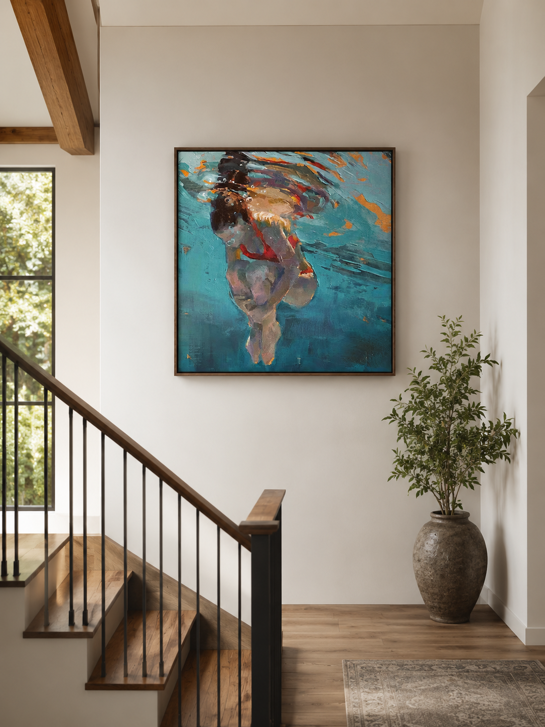 Modern Feminist Underwater Figure Painting With Red Swimsuit Expressive Oil Art For Living Room Decor