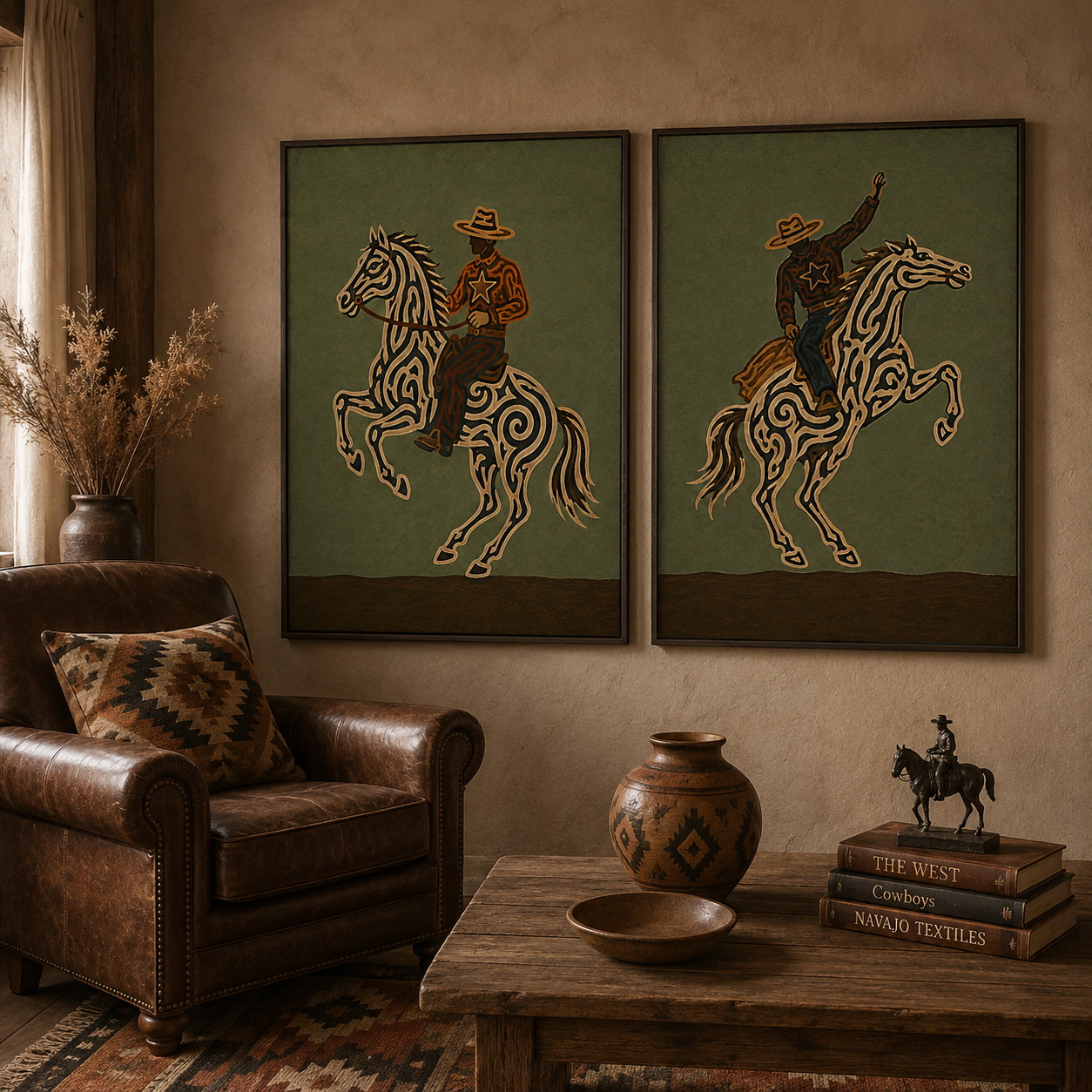 Vintage Western Cowboy Horse Art Olive Green Wall Decor For Living Room Rustic Home