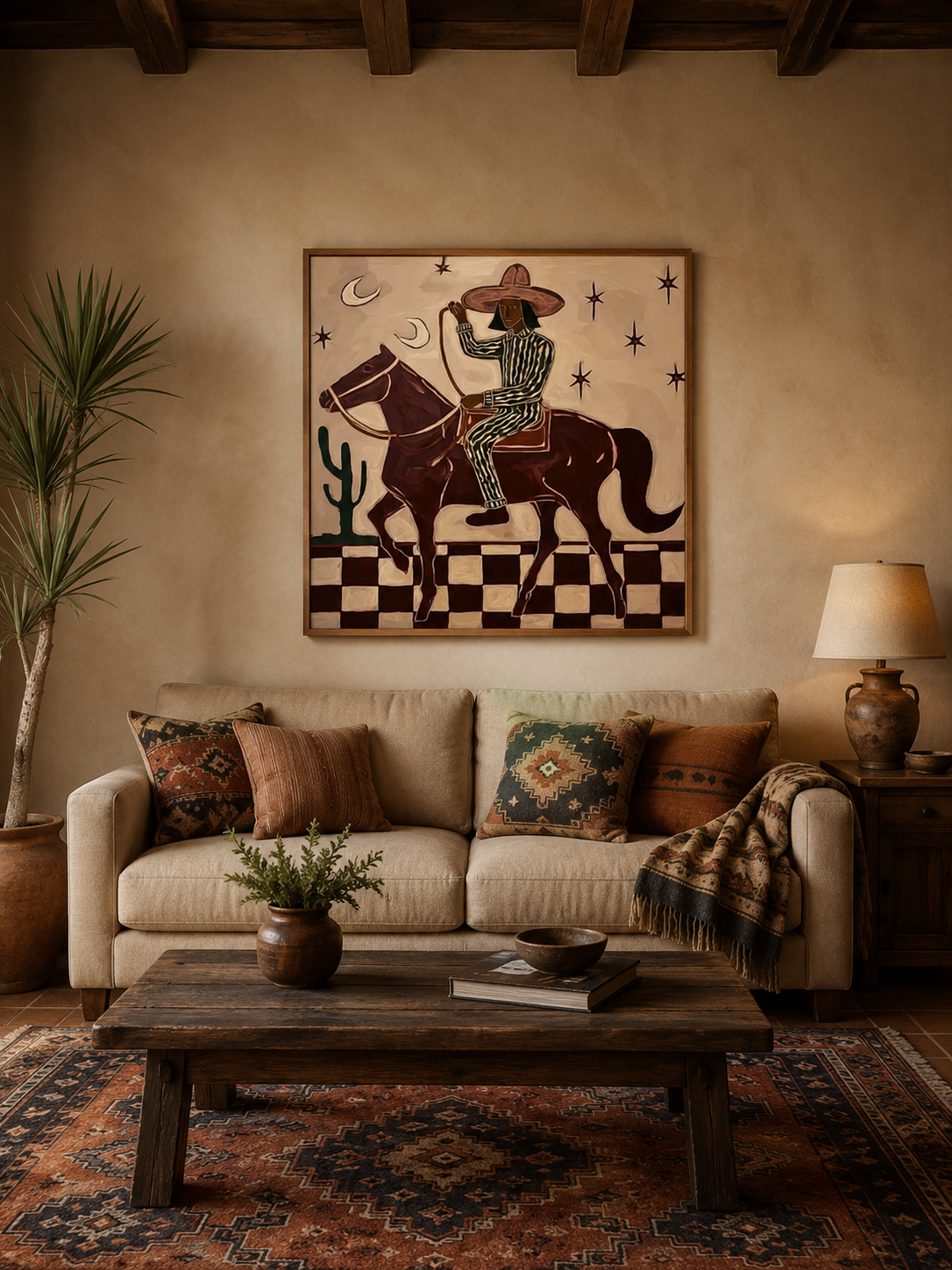 Figurative Horse And Rider Painting With Checkerboard Ground In Earth Tones