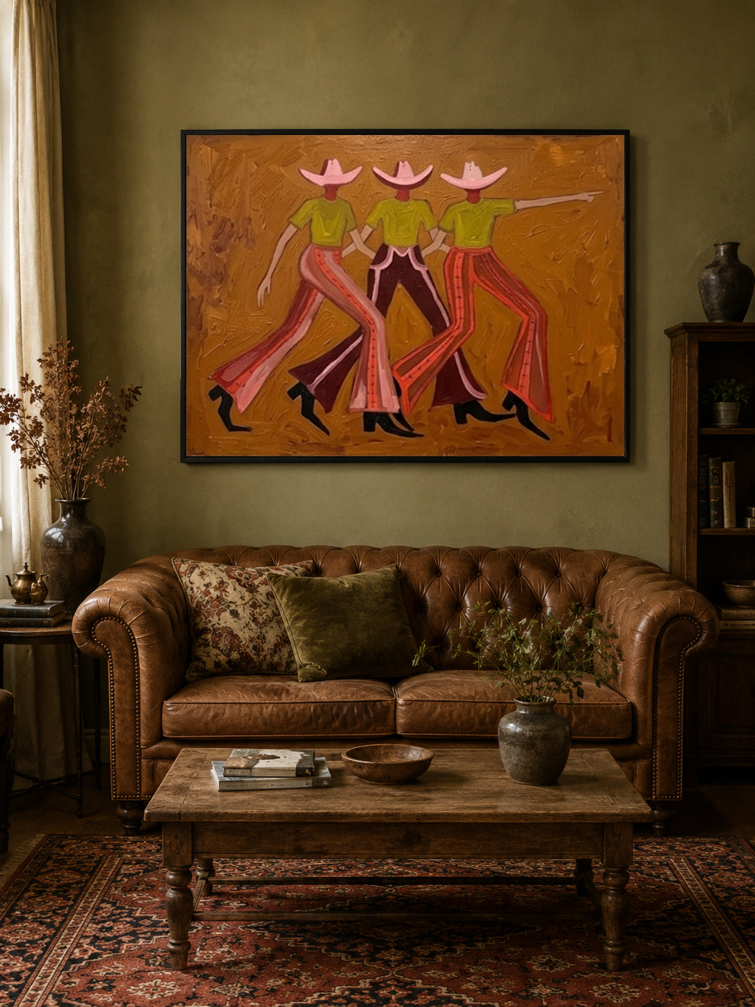 Vintage Cowgirl Painting With Pink Hats And Green Shirts On Canvas