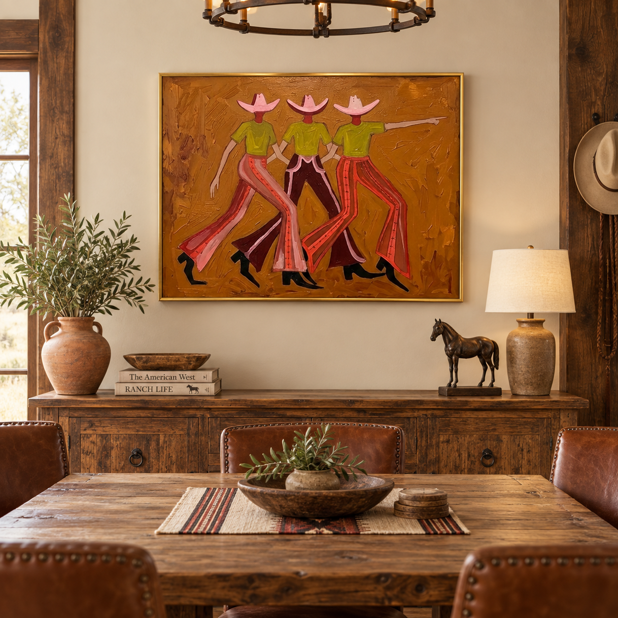 Vintage Cowgirl Painting With Pink Hats And Green Shirts On Canvas