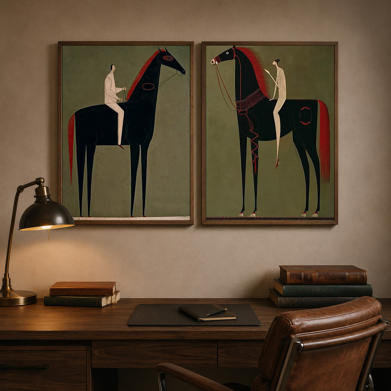 Modern Equestrian Art Set Of Two Black Horse Paintings For Living Room Decor