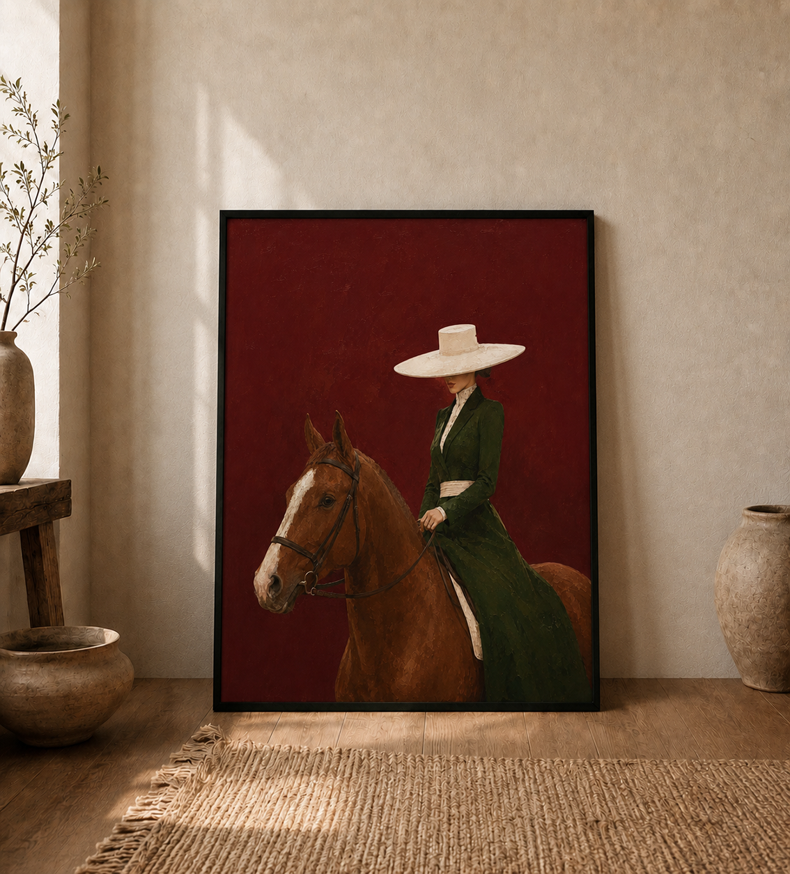 Minimalist Figurative Art Print Of Lady And Horse In Green Dress Against Crimson Wall For Study