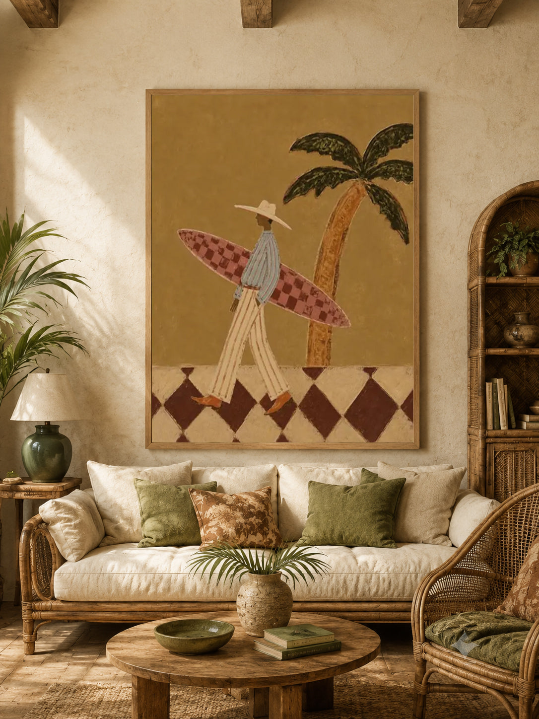 Vintage Surfer Painting With Checkerboard Board For Coastal Living Room Wall Art Decor