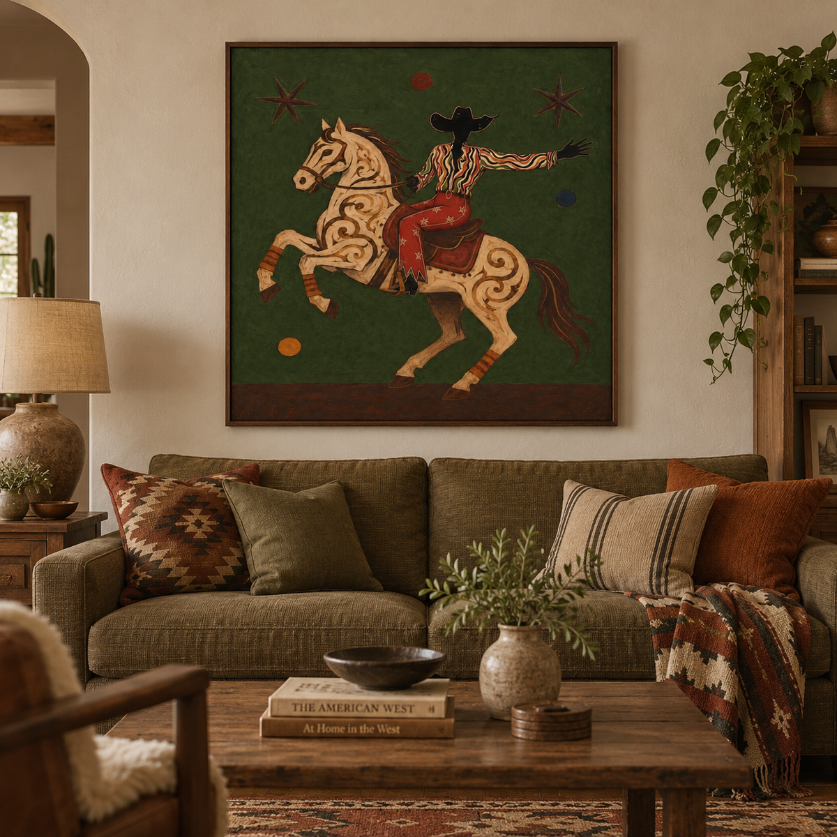 Cowboy And Horse Canvas Painting With Green Background Original Art