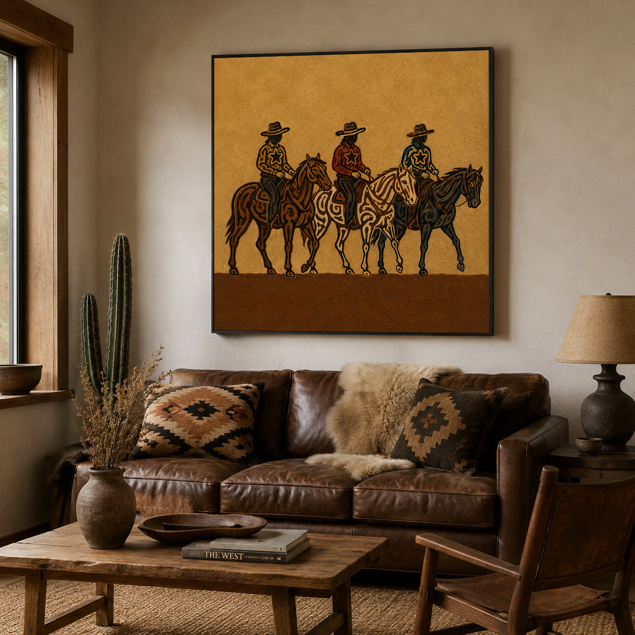 Three Cowboys Horse Painting, Western Ranch Riders, Southwestern Folk Wall Art For Home