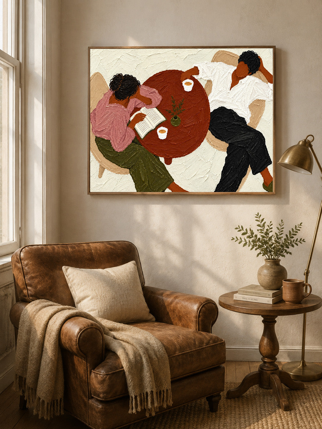 Lazy Sunday Couple Oil Painting, Cozy Reading Wall Art, Neutral Textured Figurative Canvas