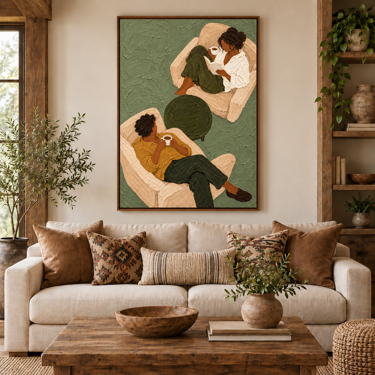 Sage Green Coffee Couple Painting, Original Textured Oil Art, Retro Figurative Canvas
