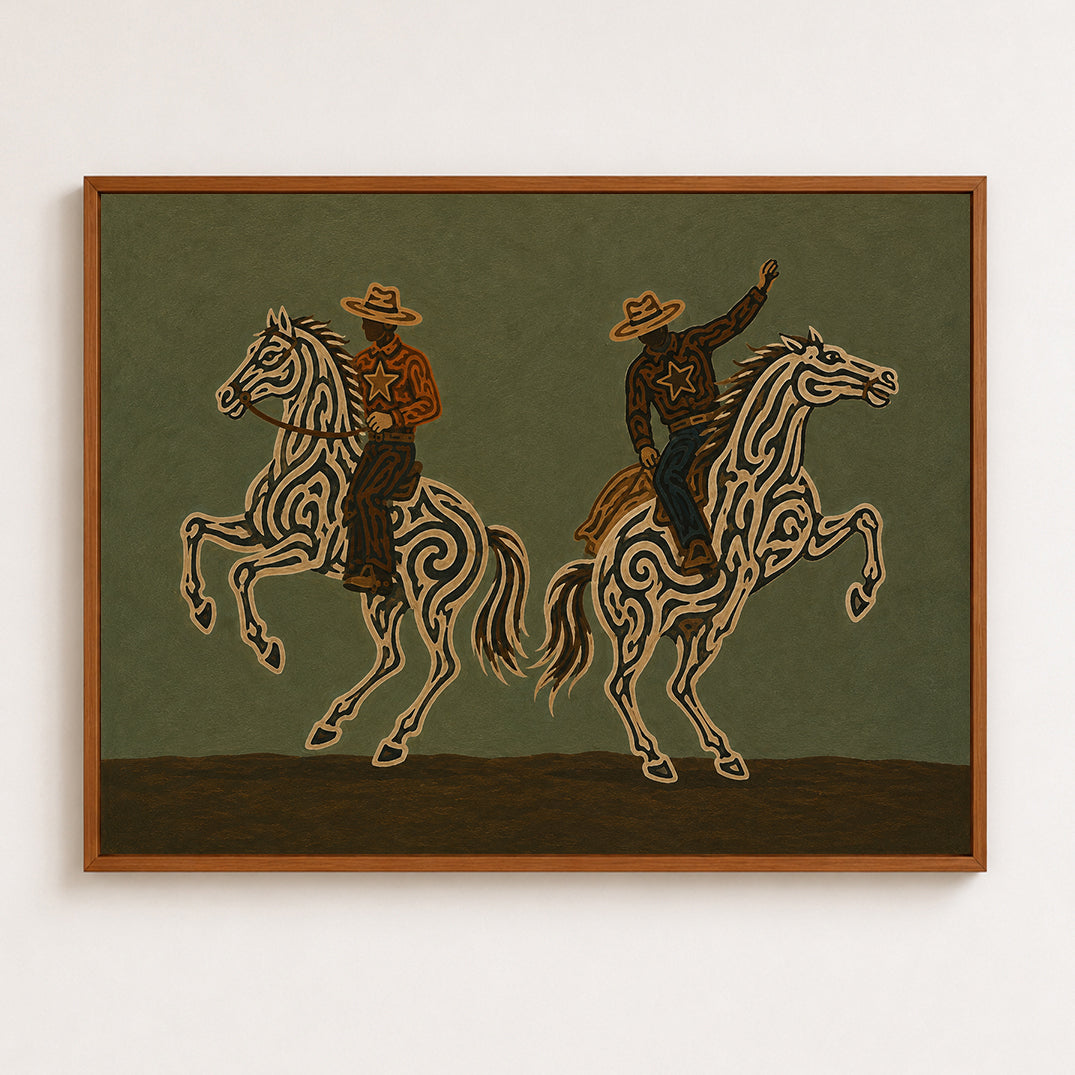Two Cowboys Horse Painting, Olive Green Western Riders, Rustic Southwestern Equestrian Art