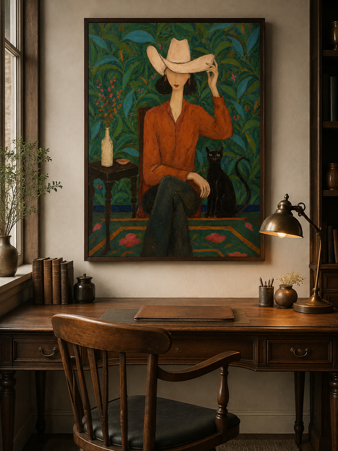 Stylish Woman And Black Cat Painting In Folk Art Style For Living Room Decor
