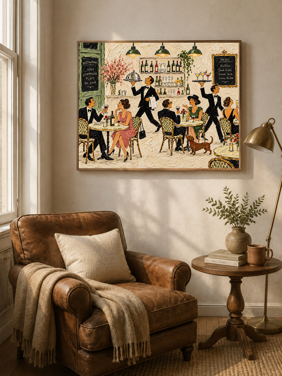 French Restaurant Wall Art, Paris Bistro Dining Scene Painting, Vintage Cafe Waiters Wine Bar Decor
