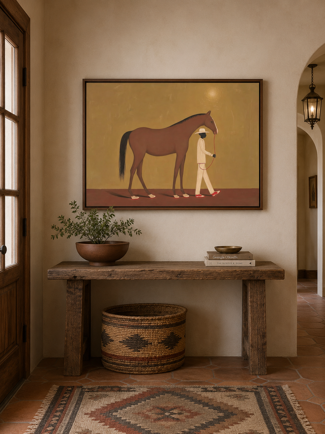 Warm Ochre Decor Figurative Art Man Leading Horse Original Oil Painting Style