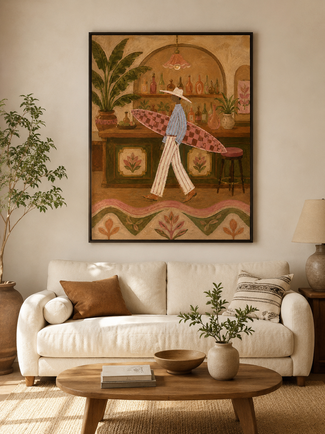 Retro Surfer Woman Painting, Coastal Bar Art, Vintage Resort Wall Decor Surfboard Wall Art