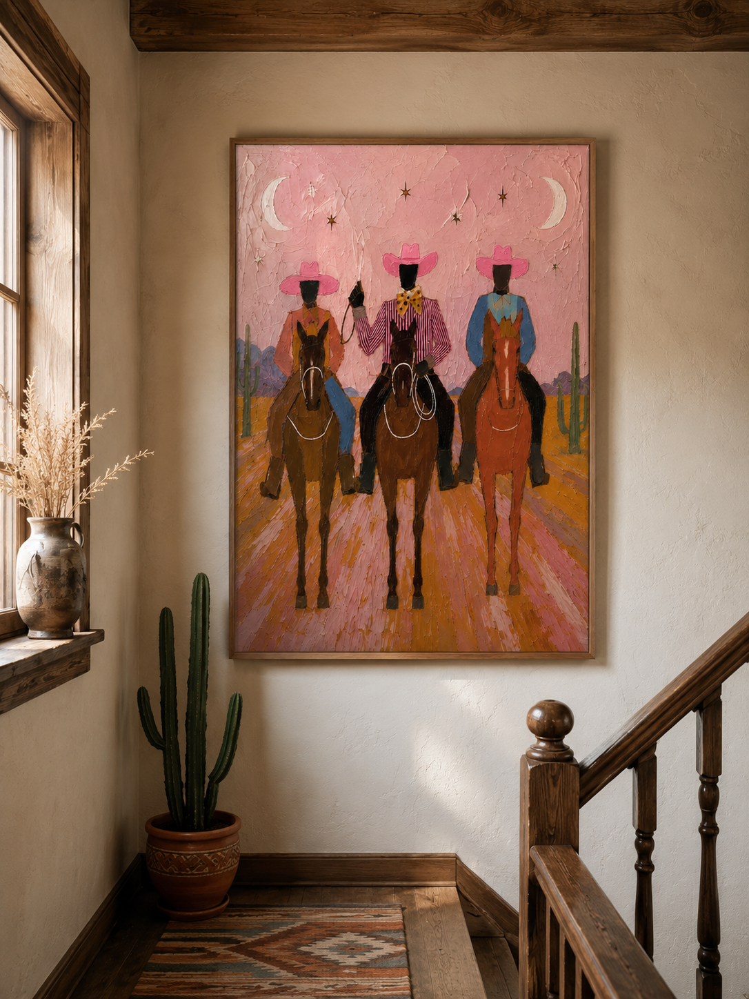 Vintage Pink Desert Cowboy Painting With Moon And Stars For Living Room Wall Decor