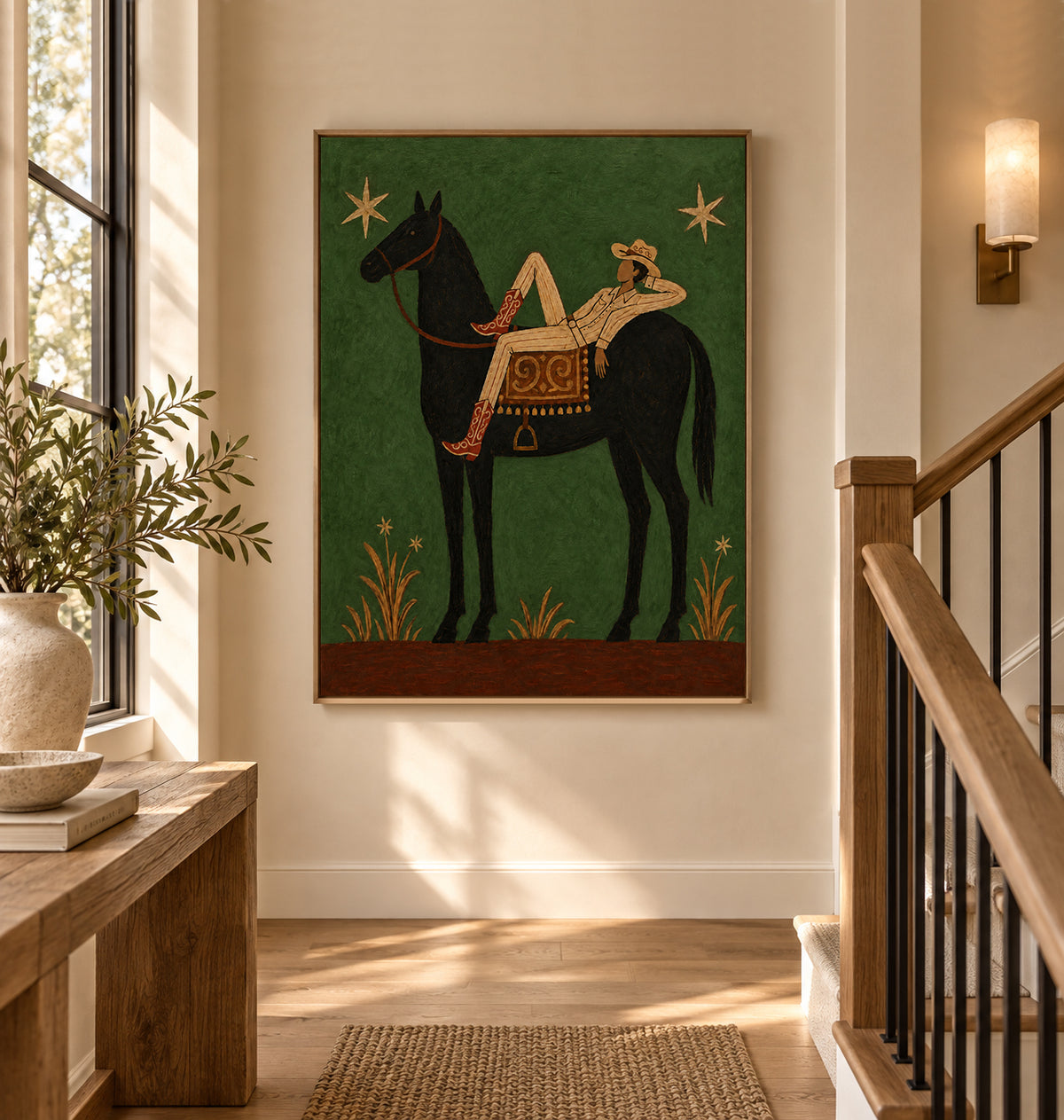 Relaxed Cowboy On Black Horse Canvas Art, Starry Night Western Wall Decor Green Background Fine Art