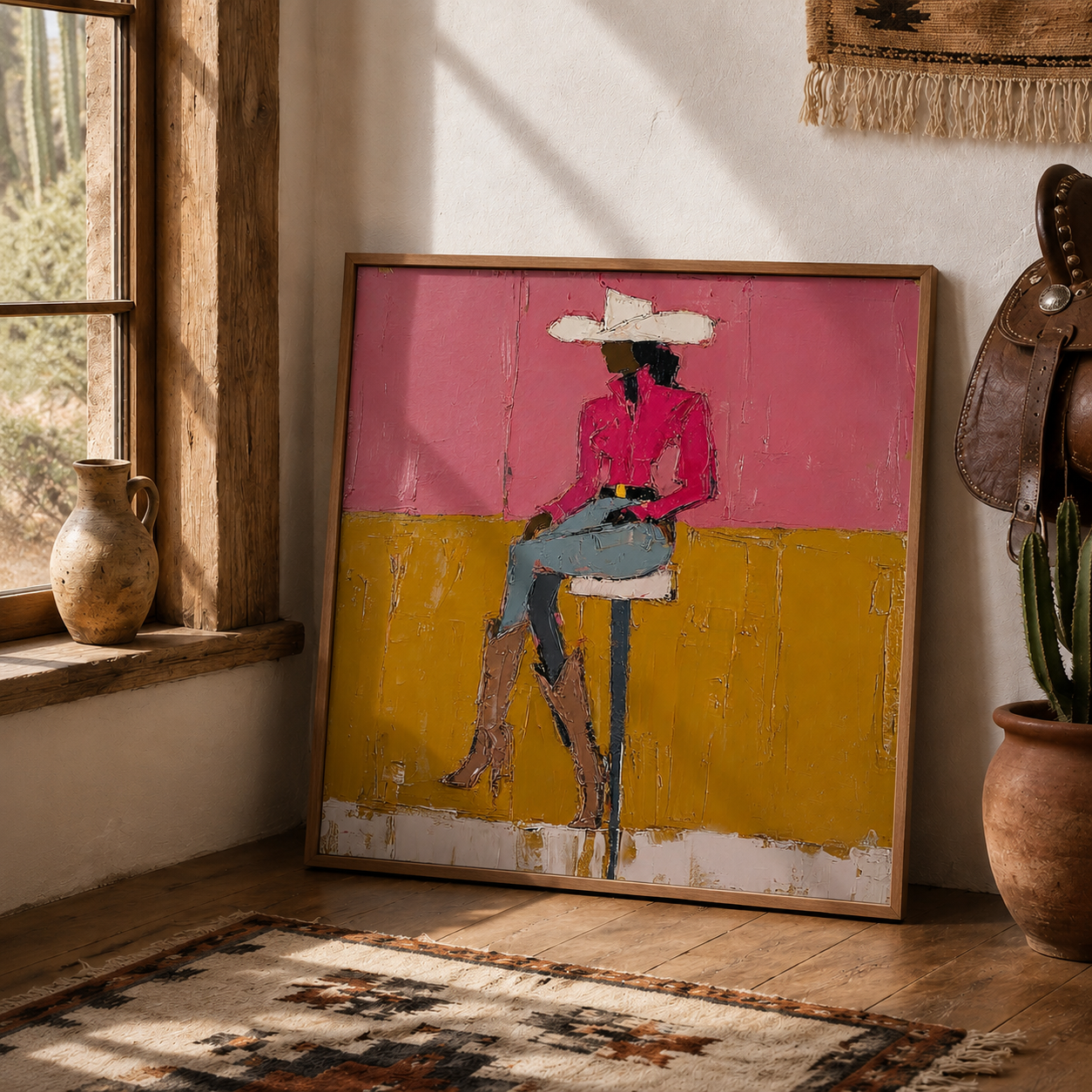 Modern Pink Cowgirl Oil Painting Abstract Fashion Figure Art For Living Room Decor
