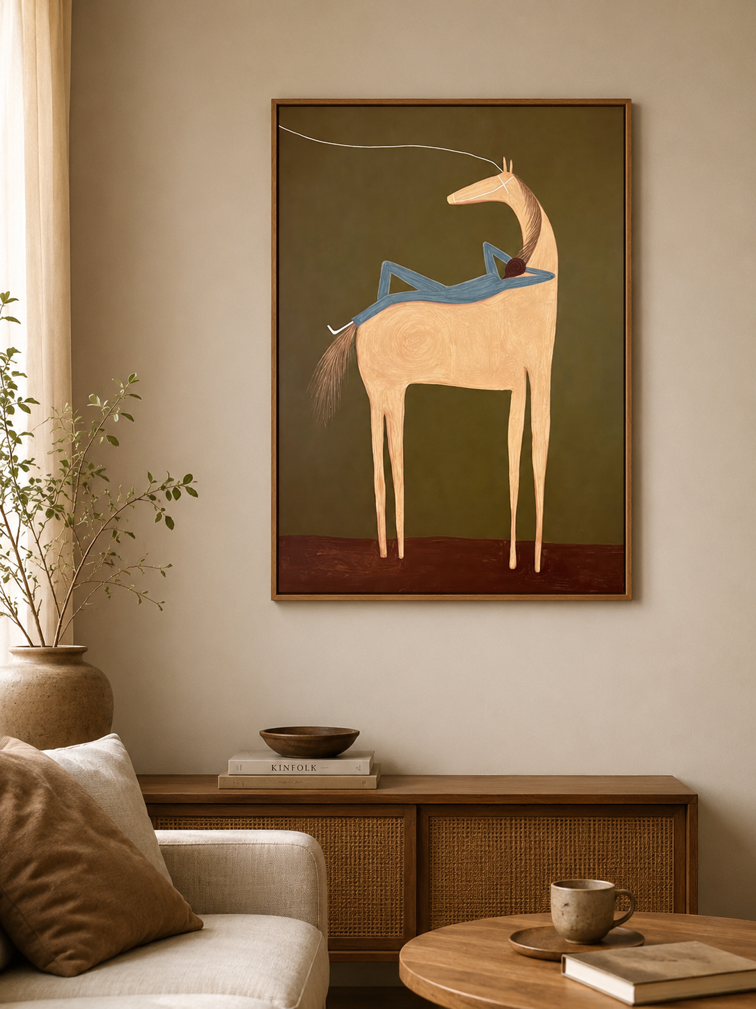 Olive Green And Beige Animal Art Hand Painted Canvas For Bedroom Wall