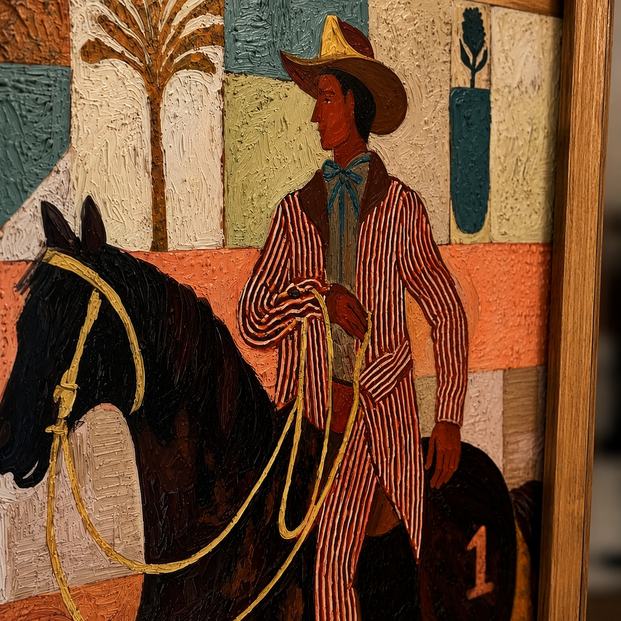 Vintage Cowboy Painting On Horse With Textured Canvas For Western Home Decor