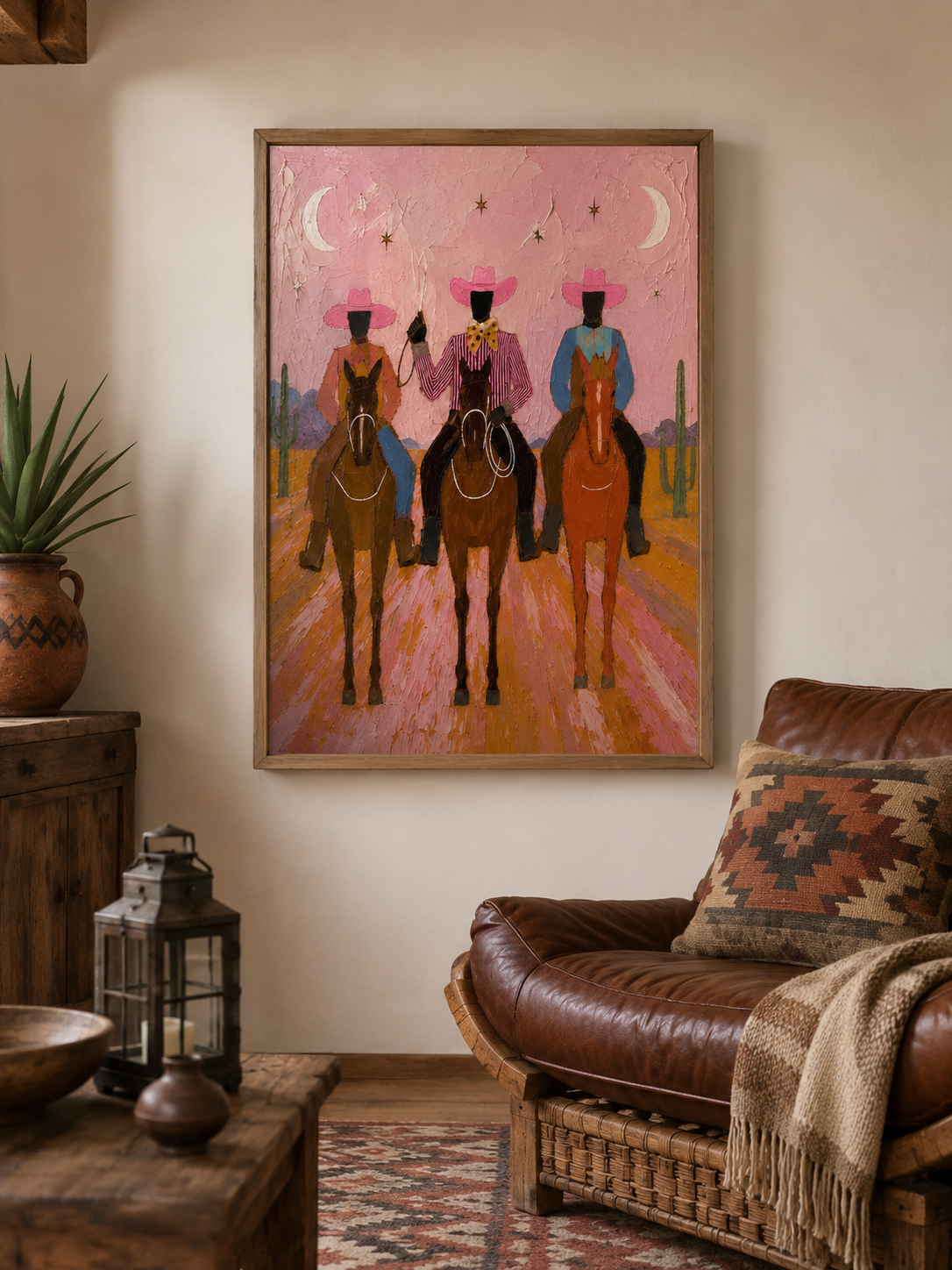 Vintage Pink Desert Cowboy Painting With Moon And Stars For Living Room Wall Decor