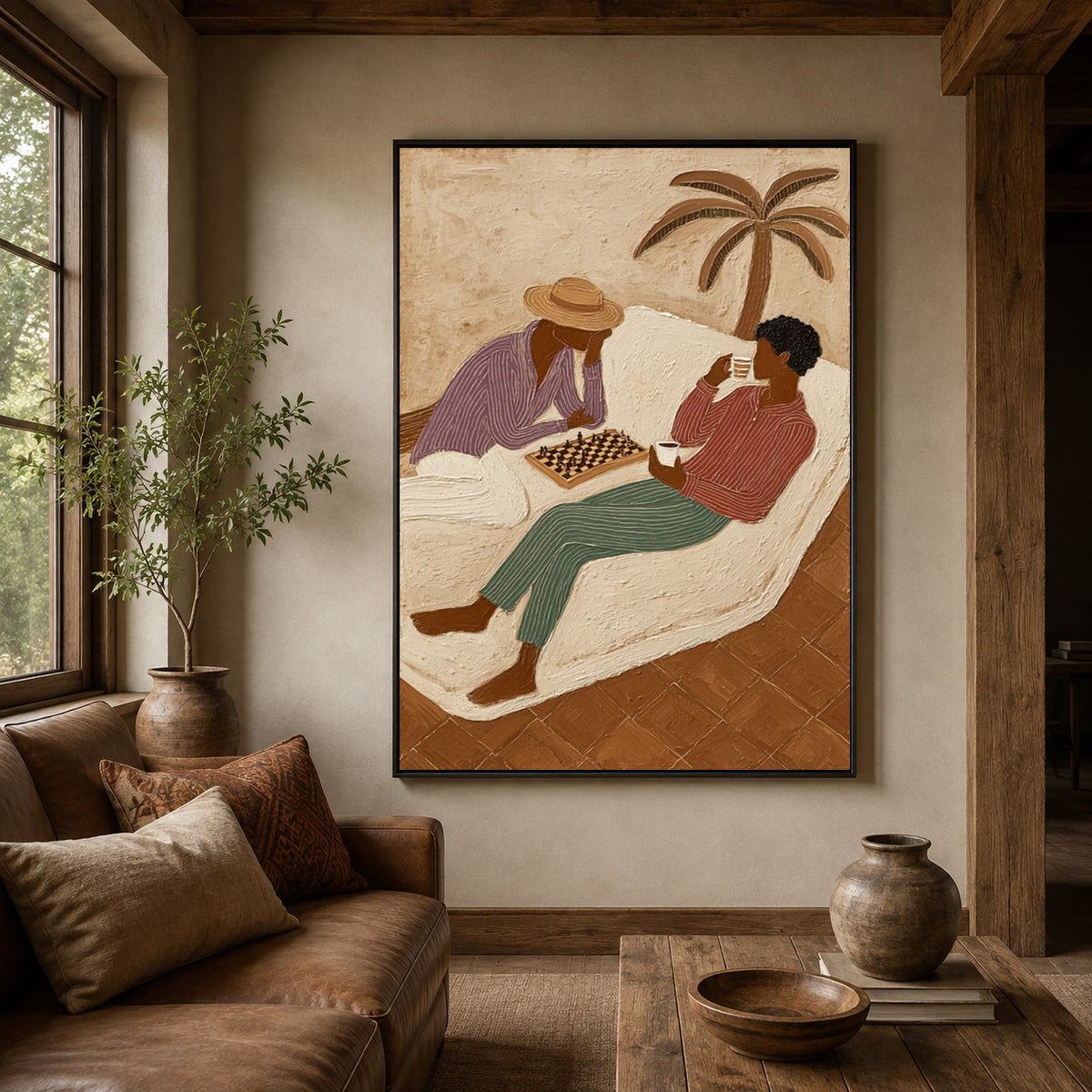 Figurative Chess Painting With Palm Tree And Coffee For Wall Decor