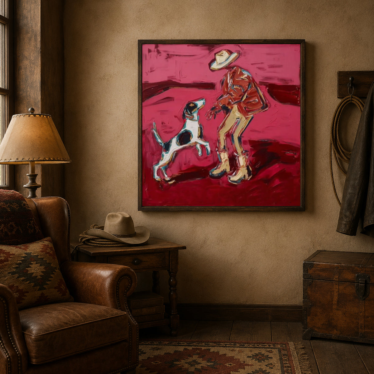 Cowboy And Dog Figurative Canvas Painting In Red Tones For Modern Western Decor