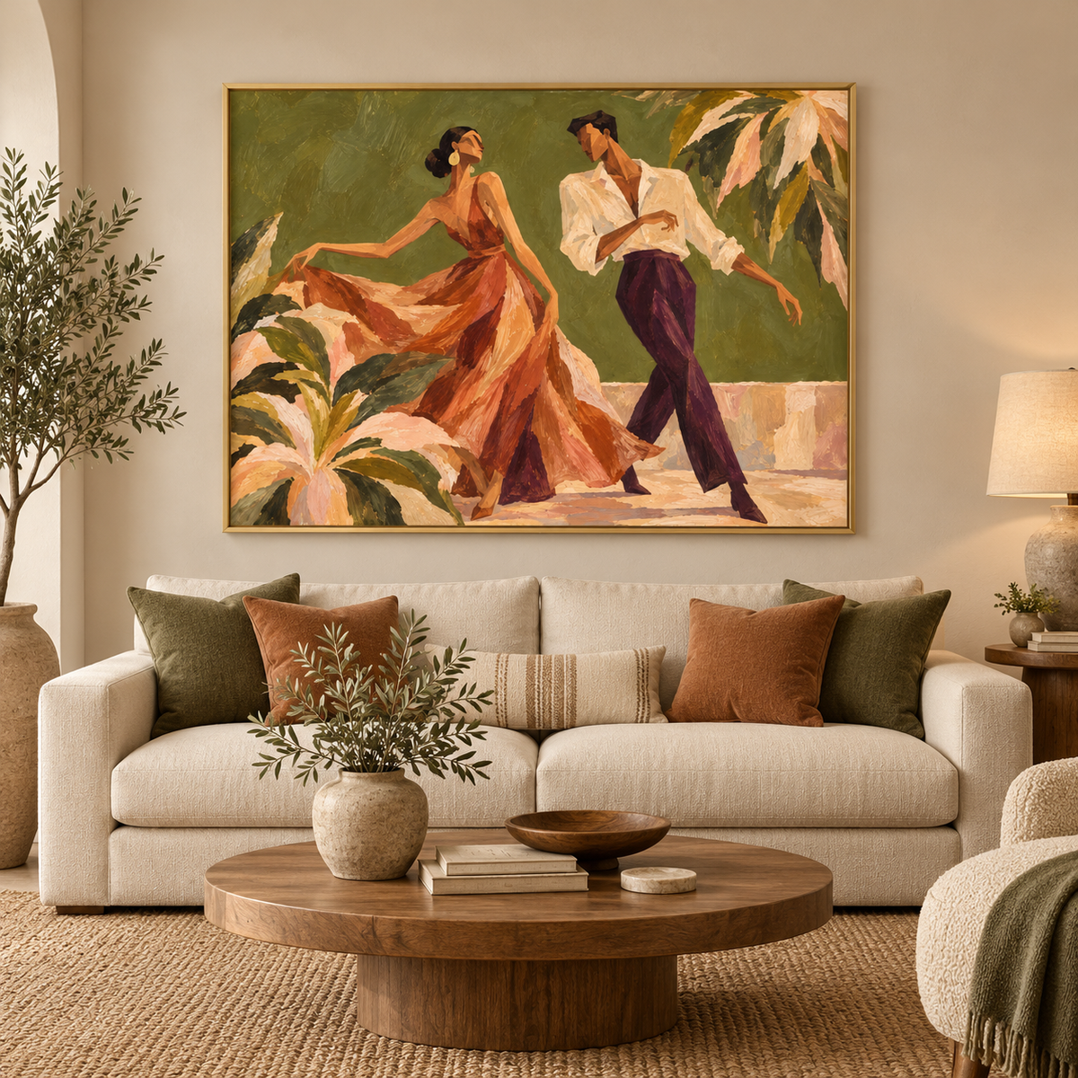 Vintage Dancing Couple Canvas Painting With Tropical Palms And Green Tones
