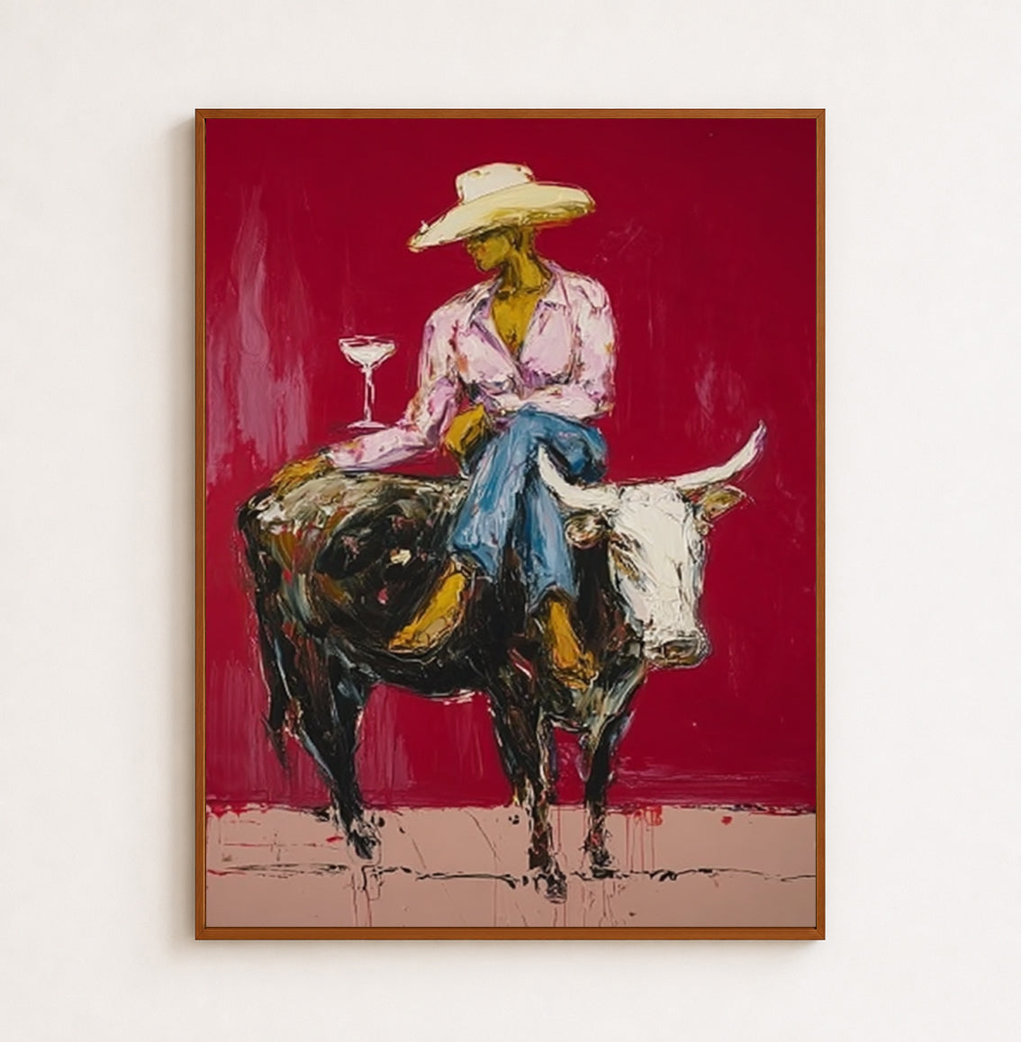 Cowgirl Wall Decor Cowgirl On Longhorn Hand-Painted Oil Painting In Deep Red | Western Wall Art