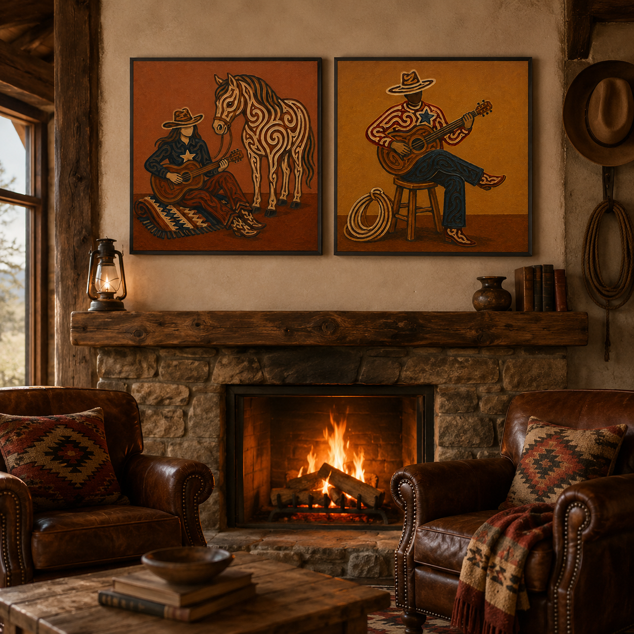 Western Diptych Wall Art Vintage Cowboy Couple Guitar Horse Wall Art Set For Living Room Decor
