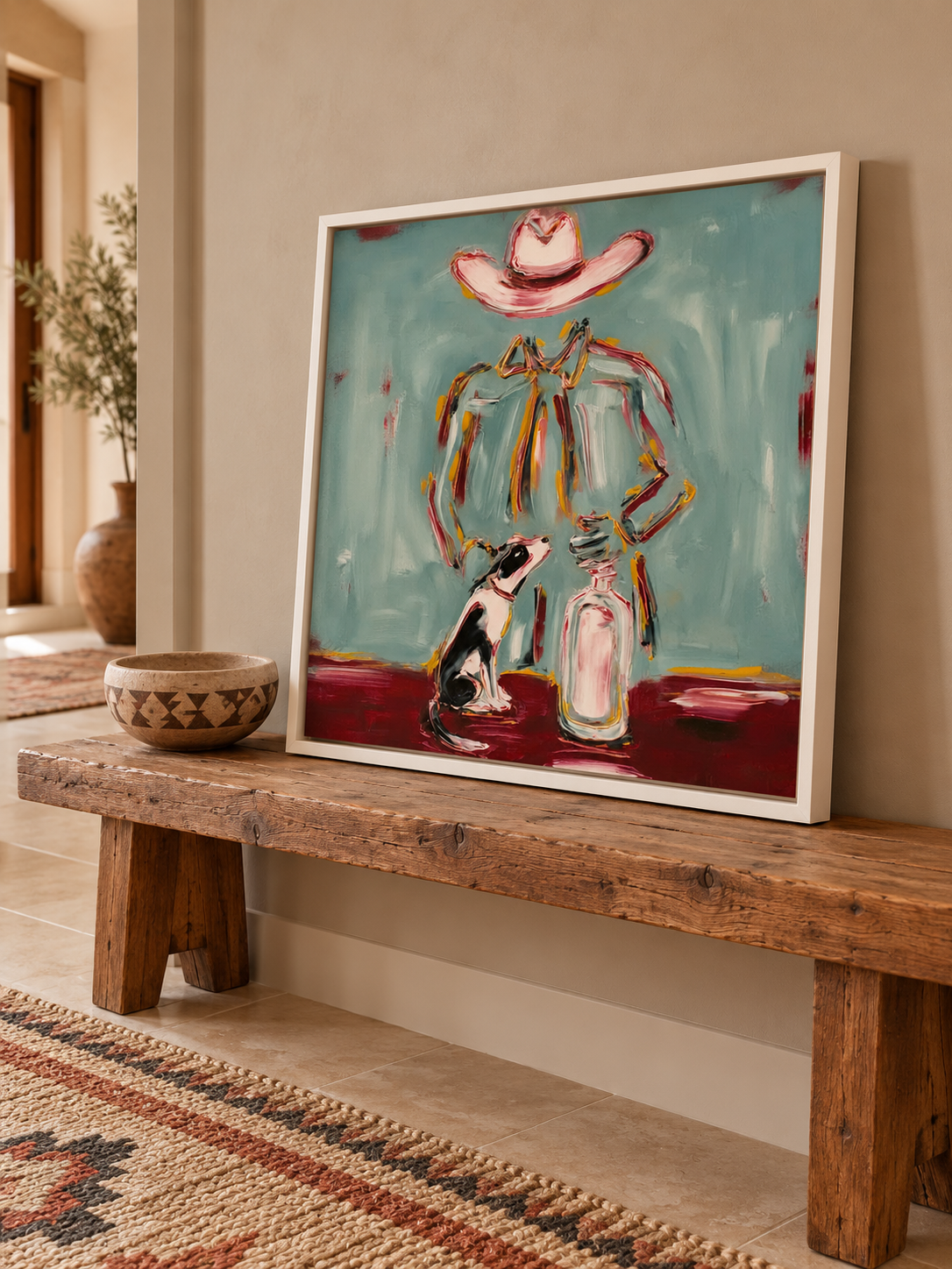 Whimsical Cowboy And Dog Canvas Art, Pink Hat Western Wall Decor, Teal Countryside Painting