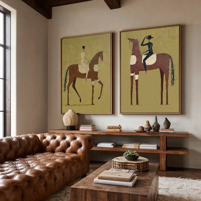 Vintage Equestrian Horse Art Set Of Two With Olive Green Background For Living Room Wall Decor