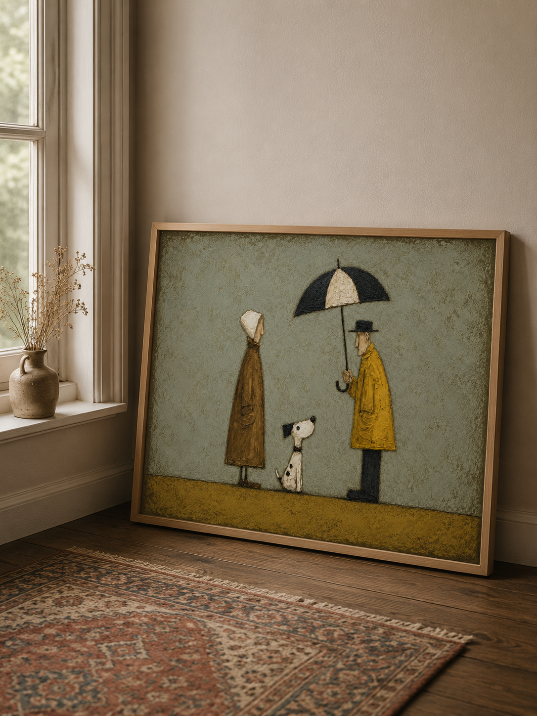 Vintage Couple With Dog Painting Under Umbrella Retro Wall Art For Pet Lovers