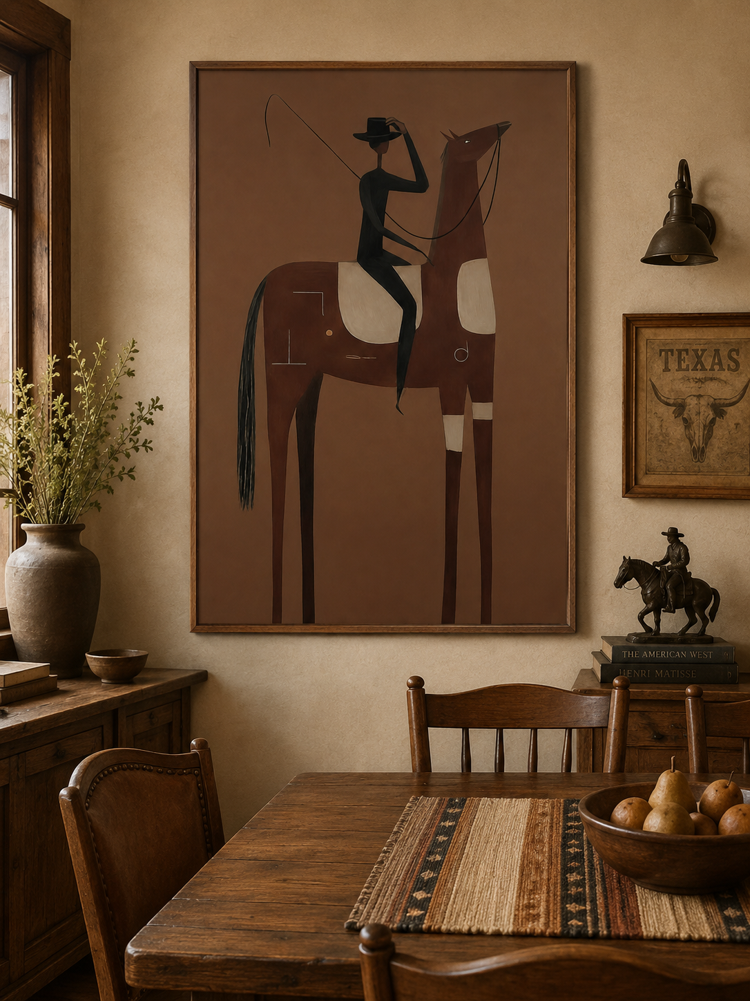 Minimalist Brown Horse Painting With Rider For Living Room Decor