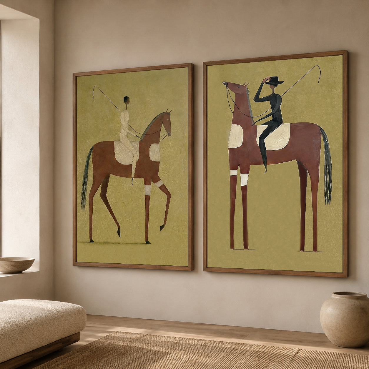 Vintage Equestrian Horse Art Set Of Two With Olive Green Background For Living Room Wall Decor