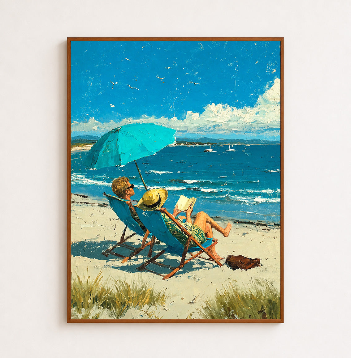 Original Beach Scene Oil Painting With Blue Sea And Umbrella For Coastal Living Room Wall Decor