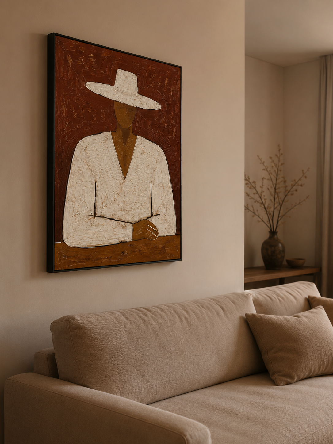 Minimalist Man In White Hat Original Oil Painting For Modern Living Room Decor