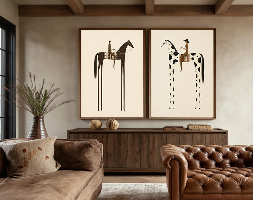 Modern Minimalist Horse Painting Set Beige And Brown Abstract Animal Art For Living Room