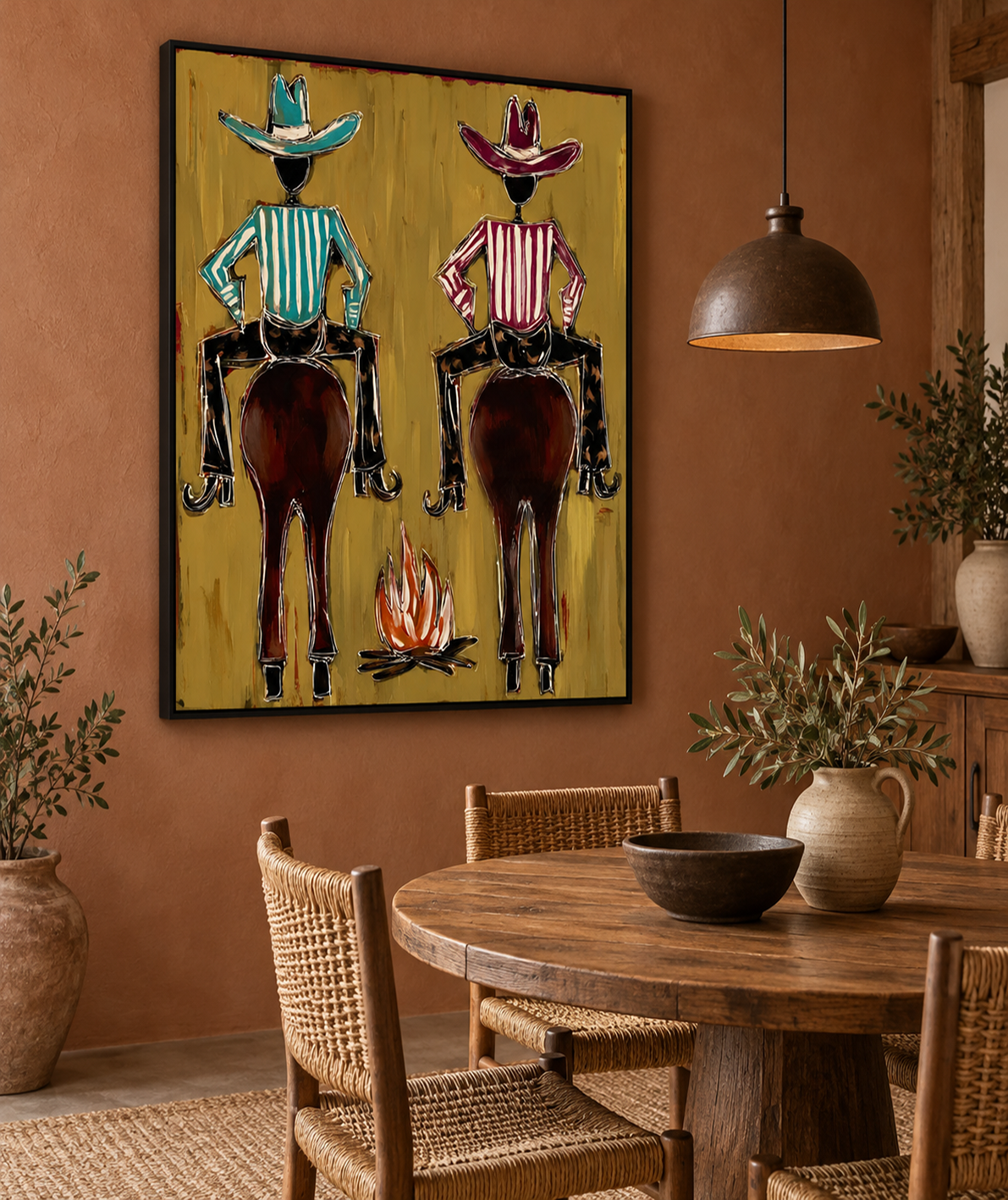 Hand-Painted Cowboy And Horse Canvas Painting With Campfire In Brown And Gold
