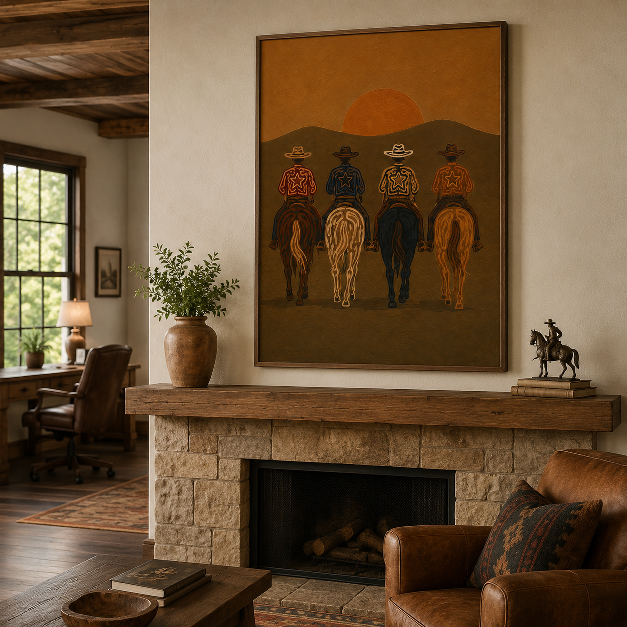 Cowboys At Sunset Painting, Western Horse Riders, Southwestern Desert Landscape Art For Living Room