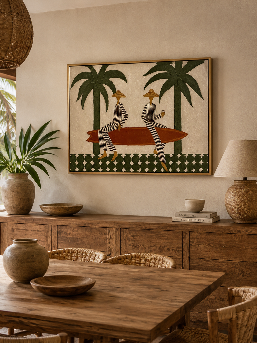 Bohemian Surfboard Wall Art With Green Palm Trees For Coastal Living Room Decor