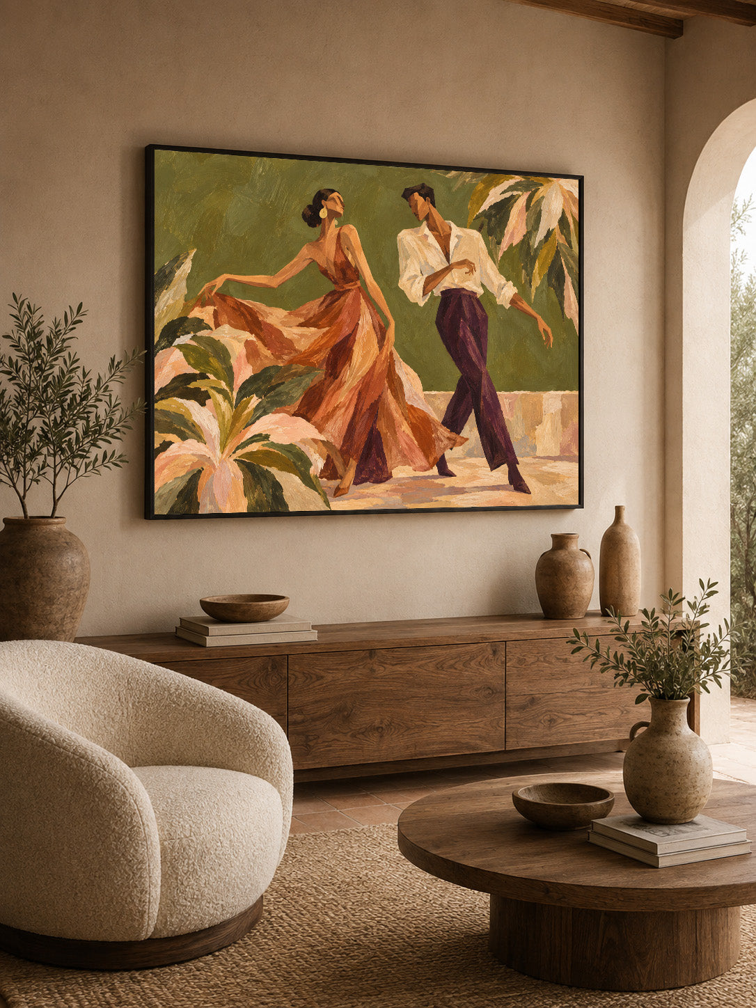 Vintage Dancing Couple Canvas Painting With Tropical Palms And Green Tones
